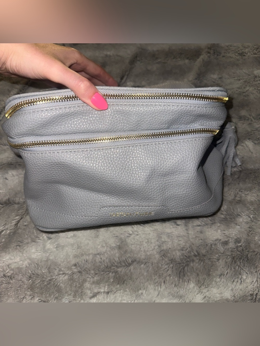 Grey leather double layer makeup bag